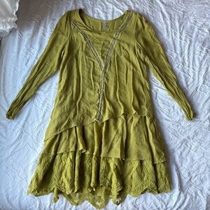 Monoreno Olive Green Layered Ruffle Lace Crochet Long Sleeve Blouse Asymmetrical